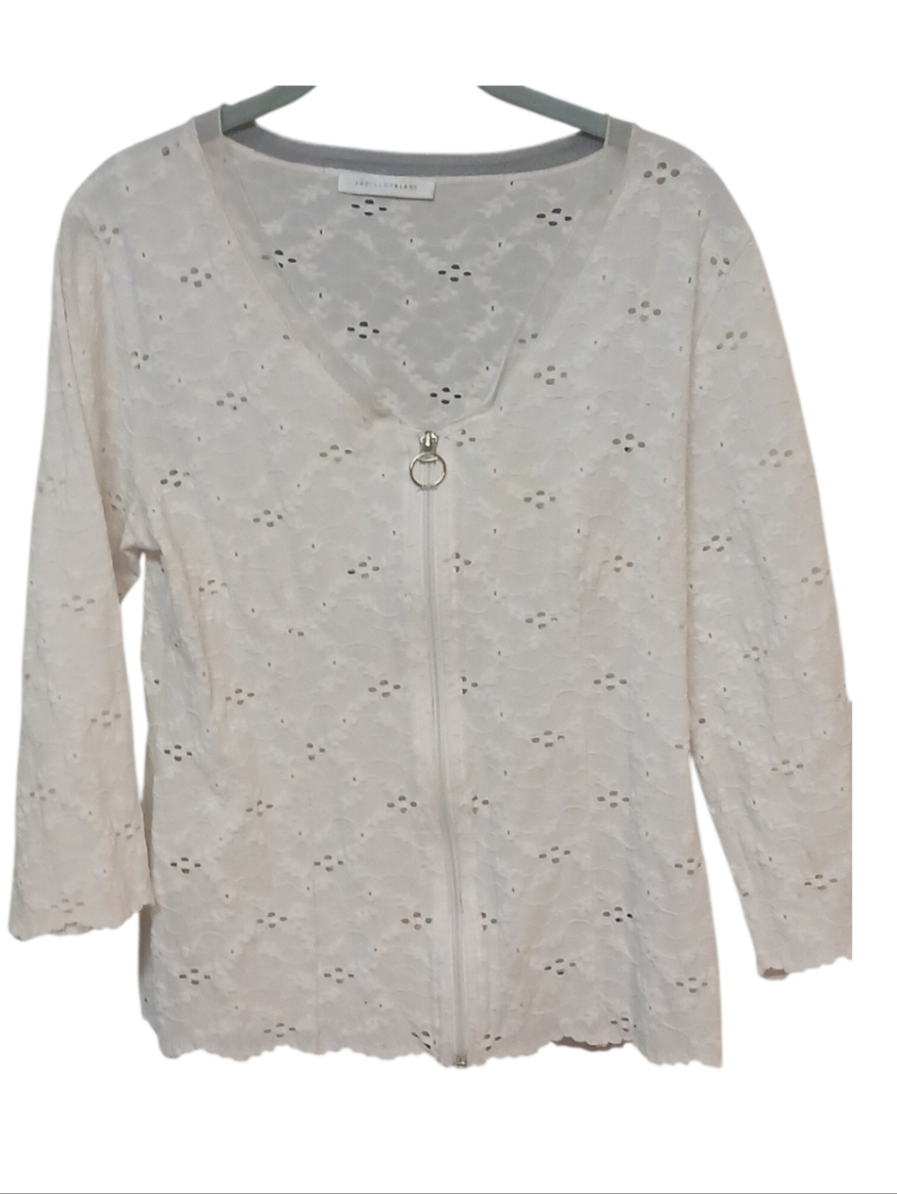 Papillon Blanc - White Floral Embroidered Jacket, 3/4 Sleeve, Full Zipper,... - Picture 2 of 11